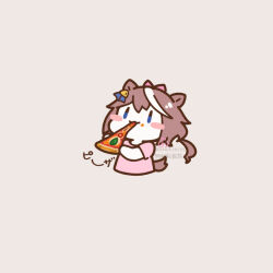 Rule 34 | 1girl, :3, animal ears, blue eyes, blush stickers, bow, brown hair, chibi, closed mouth, commentary request, ear ornament, food, hair between eyes, holding, holding food, holding pizza, horse ears, horse girl, horse tail, multicolored hair, pink background, pink bow, pink shirt, pizza, pizza slice, ponytail, shirt, short sleeves, simple background, solo, streaked hair, tail, tokai teio (umamusume), translation request, umamusume, usanote shiro, white hair