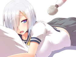 Rule 34 | 10s, 1girl, bed, bed sheet, blush, breast press, breasts, cleavage, commentary request, cushion, grey skirt, hair ornament, hair over one eye, hairclip, hamakaze (kancolle), highres, hitachi magic wand, kantai collection, koumei (twinameless), large breasts, looking back, lying, on stomach, open mouth, pleated skirt, school uniform, serafuku, sex toy, short hair, silver hair, skirt, solo, tsurime, vibrator