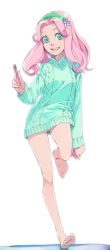 Rule 34 | 1girl, :d, akinbo (hyouka fuyou), aqua sweater, bottomless, floating hair, flower, full body, green eyes, green hairband, hair flower, hair ornament, hairband, hanami kotoha, highres, holding, holding pen, leg up, long hair, long sleeves, looking at viewer, mahou girls precure!, naked sweater, no panties, no pussy, open mouth, pen, pink hair, precure, simple background, smile, solo, standing, standing on one leg, sweater, white background