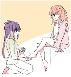Rule 34 | 2girls, applying pedicure, barefoot, cerise bouquet, closed mouth, commentary request, green nails, green shirt, highres, hinoshita kaho, jacket, kanduki kamibukuro, link! like! love live!, long hair, looking at another, love live!, medium hair, multiple girls, open clothes, open jacket, orange hair, otomune kozue, outline, partially colored, pink jacket, purple hair, seiza, shirt, side ponytail, sidelocks, sideways mouth, sitting, smile, two-tone background, two side up, virtual youtuber, white background, white outline, yellow background