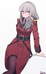 Rule 34 | 1girl, absurdres, arm support, artist name, blush, breasts, clothing request, coat, epaulettes, gar32, girls&#039; frontline, grey hair, griffin &amp; kryuger military uniform, helianthus (girls&#039; frontline), highres, long hair, medium breasts, monocle, pantyhose, red coat, white background