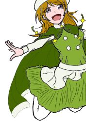 Rule 34 | 1girl, absurdres, artist name, artist request, beret, blush, breasts, brown hair, cape, capelet, dress, female focus, fur collar, fur trim, green cape, green capelet, green dress, green skirt, hair between eyes, hat, highres, jumping, koizumi hanayo, long sleeves, looking at viewer, love live!, love live! school idol project, miniskirt, parted lips, plaid, plaid dress, plaid skirt, pleated, pleated dress, pleated skirt, purple eyes, short hair, skirt, smile, solo, sparkle print, star (symbol), star print, white background, white hat