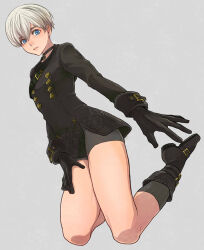 Rule 34 | 1boy, 9s (nier:automata), bishounen, black choker, black coat, black gloves, blue eyes, choker, closed mouth, coat, from below, full body, gloves, grey background, kneeling, male focus, nier:automata, nier (series), payu (pyms11), shoes, shorts, simple background, socks, solo, thighs, white hair