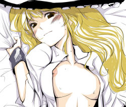 Rule 34 | 1girl, bed, bed sheet, blonde hair, blush, breasts, dress shirt, female focus, gustav (telomere na), hat, kirisame marisa, large breasts, long hair, nipples, open clothes, open shirt, sheet grab, shirt, solo, tears, touhou, witch hat, wristband