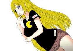 Rule 34 | 1girl, :o, absurdres, black shirt, blonde hair, blue eyes, blunt bangs, breasts, chestnut mouth, collarbone, dutch angle, eyelashes, finger to mouth, hand on own arm, hand to own mouth, heart, highres, long hair, medium breasts, open mouth, pac-man, pac-man (game), red shorts, shirt, short shorts, short sleeves, shorts, simple background, solo, very long hair, white background