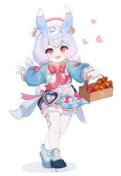 1girl absurdres apple apron aqua_bow aqua_dress basket black_footwear blush bow bowtie croissant curled_tail dress dress_bow fishofthelakes food fruit full_body genshin_impact gloves hair_ears hair_ornament hat heart heart_print highres holding holding_basket long_sleeves looking_at_viewer low_twintails nurse_cap open_mouth outstretched_arms pantyhose pink_bow pom_pom_(clothes) pom_pom_hair_ornament puffy_shorts purple_hair red_bow red_bowtie red_eyes shorts sigewinne_(genshin_impact) smile solo twintails walking white_apron white_background white_gloves white_hat white_pantyhose white_shorts