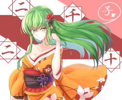 Rule 34 | 1girl, c.c., code geass, flower, green hair, hair flower, hair ornament, hand in own hair, happy new year, highres, japanese clothes, kimono, long hair, looking to the side, new year, rose, solo, toshizou (0714), yellow eyes, yukata