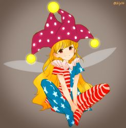 Rule 34 | 1girl, american flag dress, american flag legwear, bad id, bad twitter id, blonde hair, clownpiece, fairy wings, full body, gin fragrans, gradient background, grey background, grin, hat, jester cap, long hair, looking at viewer, pantyhose, print pantyhose, red eyes, short sleeves, sitting, smile, solo, star (symbol), striped clothes, striped pantyhose, touhou, twitter username, wings