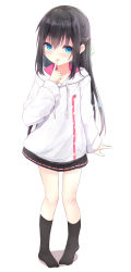 Rule 34 | 1girl, :p, black hair, black socks, blue eyes, bow, closed mouth, commentary request, drawstring, full body, green bow, hair between eyes, hair bow, highres, hood, hood down, hoodie, index finger raised, kouda suzu, long hair, long sleeves, no shoes, original, pigeon-toed, ribbon trim, shadow, sleeves past wrists, smile, socks, solo, standing, tongue, tongue out, very long hair, white background, white hoodie
