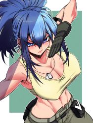 Rule 34 | 1girl, bare shoulders, belt, blue eyes, blue hair, breasts, cleavage, clenched hand, dog tags, earrings, from above, gloves, highres, jewelry, jin (mugenjin), leona heidern, navel, ponytail, pouch, solo, tank top, the king of fighters, the king of fighters xiv, the king of fighters xv, triangle earrings, yellow tank top