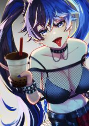 Rule 34 | 1girl, ahoge, belt, black belt, black bra, black bracelet, black choker, black hair, black nails, black pants, blue eyes, blue hair, blue nails, bra, bracelet, breasts, bubble tea, choker, cleavage, cup, ear piercing, fishnet top, fishnets, half-skirt, highres, holding, holding cup, jewelry, katanose (user hjrw5873), kson, kson (4th costume), large breasts, long hair, looking at viewer, miniskirt, mole, mole under eye, multicolored hair, multicolored nails, nail polish, navel, open mouth, pants, piercing, purple hair, red skirt, shirt, skirt, spiked bracelet, spikes, streaked hair, tongue, tongue out, tongue piercing, torn clothes, torn pants, twintails, underwear, v, virtual youtuber, vshojo