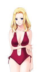 Rule 34 | 1girl, bare shoulders, blonde hair, blue eyes, breast hold, breasts, cleavage, cleavage cutout, clothing cutout, female focus, game cg, hitozuma swimming club, ino (magloid), interheart, kayashima aki, large breasts, legs, long hair, looking at viewer, navel, navel cutout, o-ring, o-ring swimsuit, one-piece swimsuit, simple background, smile, solo, standing, swimsuit, thigh gap, thighs, white background