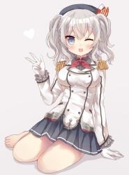 Rule 34 | 10s, 1girl, barefoot, blue eyes, gloves, heart, highres, kantai collection, kashima (kancolle), machinery, one eye closed, shiodome oji, silver hair, skirt, smile, solo, twintails, v