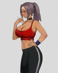 Rule 34 | 1girl, puff of air, absurdres, armpits, bare shoulders, black choker, black leggings, blush, breasts, choker, cleavage, collarbone, cowboy shot, crop top, dark-skinned female, dark skin, gompang 11, grey eyes, grey hair, hand on own hip, hand up, highres, large breasts, leggings, long hair, looking to the side, midriff, navel, open mouth, original, parted lips, ponytail, profile, red shirt, shirt, sidelocks, simple background, solo, standing, sweatdrop, white background, wristband