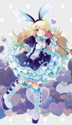 Rule 34 | 1girl, ;q, animal ears, blonde hair, blue eyes, boots, bravely default: flying fairy, bravely default (series), rabbit ears, cross-laced footwear, dress, gloves, hairband, heart, long hair, looking at viewer, lunica, microphone, one eye closed, praline a la mode, smile, solo, sparkle, tongue, tongue out, white gloves