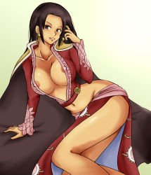 Rule 34 | 1girl, areola slip, black eyes, black hair, blush, boa hancock, breasts, cape, cleavage, covered erect nipples, earrings, jewelry, large breasts, long hair, lying, midriff, momo 765, navel, on side, one piece, open clothes, open shirt, rirakukan, shirt, smile, solo
