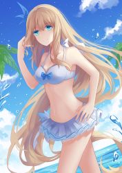 Rule 34 | 1girl, absurdres, ain (3990473), beach, blonde hair, blue eyes, blue sky, breasts, cloud, day, twirling hair, hand on own hip, highres, lexington (warship girls r), long hair, looking at viewer, medium breasts, ocean, outdoors, palm tree, sky, smile, solo, swimsuit, tree, very long hair, warship girls r, water