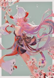 Rule 34 | animal ears, arms up, backless outfit, bare legs, bare shoulders, blue background, branch, breasts, cherry blossoms, detached sleeves, earrings, fox ears, from side, full body, genshin impact, hair ornament, high heels, highres, jewelry, long hair, looking at viewer, looking to the side, nontraditional miko, omochichi96, pink hair, sideboob, sleeveless, yae miko