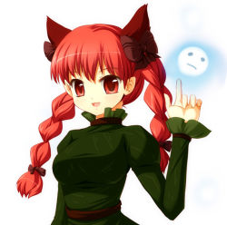 Rule 34 | 1girl, animal ears, bow, braid, female focus, hair bow, kaenbyou rin, maroppe, multiple hair bows, red hair, simple background, solo, standing, touhou, twin braids, upper body, white background