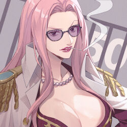 Rule 34 | 1girl, breasts, cigarette, cleavage, coat, commentary request, epaulettes, hina (one piece), jacket, jewelry, long hair, looking at viewer, necklace, numbered, one piece, pearl necklace, pink hair, purple-tinted eyewear, purple jacket, red lips, simple background, smoke, solo, sunglasses, tinted eyewear, upper body, v-shaped eyebrows, white coat, yoshicha