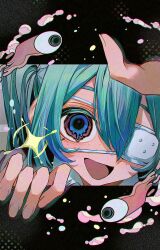 1girl absurdres blue_eyes blue_hair disembodied_eye eyeball hands_up hatsune_miku heart heart-shaped_pupils highres long_hair melting_eyes monitoring_(vocaloid) nagamu_(ngm) open_mouth smile solo symbol-shaped_pupils through_medium twintails very_long_hair vocaloid