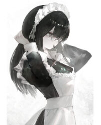 Rule 34 | 1girl, absurdres, adjusting hair, apron, arms behind head, black dress, black hair, buttons, collared shirt, colored skin, commentary, dress, frilled apron, frills, from side, glasses, grey eyes, hair between eyes, hair tie in mouth, highres, juliet sleeves, long bangs, long hair, long sleeves, looking ahead, maid, maid headdress, misumigumi, mouth hold, original, puffy sleeves, round eyewear, shirt, sidelocks, simple background, upper body, white apron, white background, white shirt, white skin