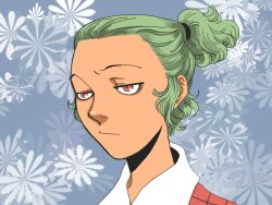 Rule 34 | 1girl, :/, alternate hairstyle, annoyed, blue background, eyebrows, female focus, floral background, flower, forehead, green hair, jitome, kazami yuuka, looking away, onikobe rin, ponytail, portrait, red eyes, short ponytail, solo, touhou