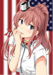 Rule 34 | 1girl, absurdres, american flag, anchor, blue eyes, blurry, breast pocket, brown hair, depth of field, dress, hair between eyes, hair ornament, highres, kantai collection, looking at viewer, neckerchief, pocket, ponytail, red neckerchief, saratoga (kancolle), side ponytail, sidelocks, smokestack, solo, upper body, white dress, yinzhai