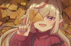 Rule 34 | 1girl, autumn, blue nails, blush, commentary, covering one eye, fang, ginkgo tree, ginkgo leaf, grey hair, highres, holding, holding leaf, leaf, long hair, looking at viewer, lying, makaino ririmu, multicolored hair, nail polish, nijisanji, on back, open mouth, pointy ears, red eyes, red hair, sabamen, skin fang, sleeves past wrists, smile, solo, strap slip, streaked hair, sweater, turtleneck, upper body, virtual youtuber