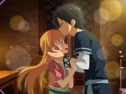 Rule 34 | 1boy, 1girl, age difference, bedroom, black eyes, black hair, black shirt, blonde hair, blue eyes, from side, game cg, green shirt, hairband, height difference, indoors, kirito, kiss, kissing forehead, layered sleeves, lens flare, long hair, long sleeves, open mouth, pink hairband, profile, selka zuberg, shirt, short hair, short over long sleeves, short sleeves, straight hair, sword art online, sword art online: alicization rising steel, very long hair, wavy mouth