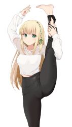 Rule 34 | 1girl, ankle ribbon, barefoot, black pants, black ribbon, blonde hair, blunt bangs, blush, braid, breasts, closed mouth, collarbone, cowboy shot, crotch seam, dot nose, feet, foot out of frame, green eyes, green hair, highres, holding own leg, ichinose rei, idoly pride, leg ribbon, legs apart, long hair, long sleeves, looking at viewer, medium breasts, multicolored hair, pants, plum (arch), raised eyebrows, ribbon, see-through, see-through shirt, shirt, sidelocks, simple background, solo, split, standing, standing on one leg, standing split, straight hair, streaked hair, toes, v-neck, white background, white shirt, yoga pants