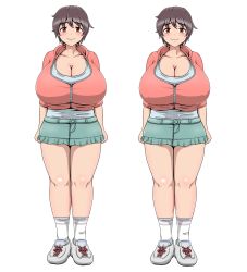Rule 34 | 1girl, artist request, blush, breasts, brown eyes, brown hair, cleavage, curvy, covered erect nipples, full body, gigantic breasts, highres, idolmaster, looking at viewer, oikawa shizuku, plump, shoes, short hair, skirt, smile, sneakers, solo, standing, thick thighs, thighs