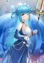 Rule 34 | 1girl, air bubble, azur lane, bare shoulders, blue choker, blue dress, blue hair, blue nails, blush, breasts, bridal gauntlets, bubble, choker, closed mouth, dress, elbow gloves, from side, glint, gloves, halter dress, halterneck, highres, holding, holding trident, holding weapon, large breasts, long dress, long hair, looking at viewer, nail polish, neptune (azur lane), neptune (nereid&#039;s invitation) (azur lane), official alternate costume, one eye closed, polearm, qing wu, sidelocks, single bridal gauntlet, single glove, skirt hold, sleeveless, sleeveless dress, smile, solo, trident, two side up, underwater, water, weapon, yellow eyes