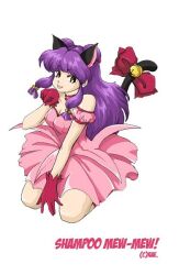 1girl animal_ears bell bow cat_ears cat_tail cosplay double_bun dress gloves hair_bun long_hair pink_dress puffy_short_sleeves puffy_sleeves purple_hair ranma_1/2 red_gloves sanekome shampoo_(ranma_1/2) short_dress short_sleeves sidelocks solo strapless strapless_dress tail tail_bell tail_bow tail_ornament tokyo_mew_mew