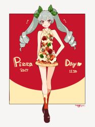 Rule 34 | 10s, 1girl, :p, absurdres, anchovy (girls und panzer), artist name, bell pepper, bell pepper slice, black footwear, breasts, closed mouth, collarbone, commentary, dated, dress, drill hair, food, food-themed hair ornament, food as clothes, full body, girls und panzer, green hair, green nails, hair ornament, hand on own hip, heart, highres, kisaragi yuu (fallen sky), leaf hair ornament, long hair, looking at viewer, medium breasts, multicolored nails, nail polish, olive, outside border, pepper, pizza, pizza day, red background, red eyes, red nails, red socks, shoes, signature, sleeveless, sleeveless dress, smile, socks, solo, standing, tongue, tongue out, twin drills, twintails, two-tone background, two-tone legwear, v-shaped eyebrows, yellow background, yellow socks