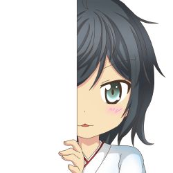 Rule 34 | 10s, 1girl, aqua eyes, black hair, blush, commentary request, japanese clothes, kantai collection, looking at viewer, matsukaze (kancolle), nagineko, peeking out, short hair, solo, transparent background