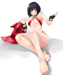 Rule 34 | 1girl, barefoot, beckoning, bikini, black hair, blush, breasts, feet, fingerless gloves, full body, gloves, green eyes, guilty gear, hat, heterochromia, i-no, looking at viewer, medium breasts, mole, nail polish, parted lips, short hair, sitting, solo, swimsuit, toes, witch hat, yellow eyes
