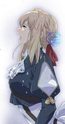 1girl ascot braid brooch crying edomon-do from_side green_brooch hair_ribbon highres jewelry open_mouth red_ribbon ribbon solo streaming_tears tears violet_evergarden violet_evergarden_(series) white_ascot white_background