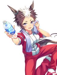 Rule 34 | 1girl, animal ears, bottle, breasts, brown hair, commentary request, ear ornament, ear piercing, highres, holding, holding bottle, holding water, horse ears, horse girl, horse tail, jacket, looking at viewer, medium breasts, mejiro ryan (umamusume), pants, partially unzipped, piercing, purple eyes, red jacket, red pants, shoes, simple background, sitting, sleeves rolled up, smile, solo, sweat, tail, towel, towel around neck, tracen training uniform, track jacket, track pants, umamusume, water bottle, white background, white footwear, yuuri-622