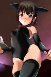 Rule 34 | 1girl, :o, absurdres, animal ears, black hair, black thighhighs, blush, bow, breasts, brown eyes, commentary request, cowboy shot, detached sleeves, from below, highres, holding, holding tray, leotard, looking at viewer, matsunaga kouyou, nipples, open mouth, original, playboy bunny, red bow, short hair, side ponytail, small breasts, smile, solo, thighhighs, tight clothes, tray
