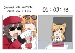 Rule 34 | 1boy, 2girls, :3, animal ears, beret, blonde hair, blue eyes, cake, cake slice, cat ears, closed mouth, commander (girls&#039; frontline), commentary request, english text, eyewear on head, food, girls&#039; frontline, gloves, griffin &amp; kryuger military uniform, hat, idw (girls&#039; frontline), kalina (girls&#039; frontline), long hair, long sleeves, meme, multiple girls, necktie, open mouth, rukialice, sunglasses, teeth, white gloves, woman yelling at cat (meme)