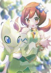 Rule 34 | 1girl, :d, bare shoulders, blue flower, blurry, brown eyes, brown hair, celebi, commentary request, creatures (company), detached sleeves, eyelashes, flower, game freak, gen 2 pokemon, green shirt, green skirt, hair flower, hair ornament, hairband, happy, highres, legendary pokemon, long hair, looking at viewer, lyra (pokemon), lyra (sygna suit) (pokemon), mcmcusg, mythical pokemon, nintendo, official alternate costume, open mouth, own hands together, pokemon, pokemon (creature), pokemon masters ex, shirt, skirt, sleeveless, sleeveless shirt, smile, twintails, yellow hairband