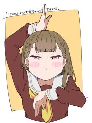 Rule 34 | 1girl, :i, arm up, bad tag, blunt bangs, blush, border, braid, brown dress, brown hair, center-flap bangs, closed mouth, commentary request, cropped torso, dress, glaring, half-closed eyes, hand on own head, hasu no sora school uniform, highres, k-on!, kachimachi kosuzu, link! like! love live!, liz (piyoko piyop), long hair, long sleeves, looking at viewer, love live!, neckerchief, outside border, pink eyes, pout, sailor collar, sailor dress, school uniform, side braids, solo, straight hair, translation request, upper body, v-shaped eyebrows, virtual youtuber, white border, white sailor collar, winter uniform, yellow background, yellow neckerchief