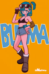 Rule 34 | 1girl, bikini, bikini top only, black bikini, blue eyes, blue hair, blue shorts, boots, breasts, bright pupils, brown footwear, brown gloves, bulma, character name, cleavage, closed mouth, dragon ball, dragon ball (classic), dragon ball (object), eyewear on head, fingerless gloves, full body, gloves, highres, medium breasts, navel, norixio, one side up, orb, red-framed eyewear, short hair, shorts, simple background, single glove, smile, socks, solo, star (symbol), sunglasses, swimsuit, twitter username, white background, white socks, yellow background