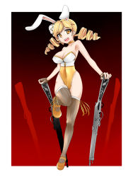 Rule 34 | 10s, 1girl, adapted costume, animal ears, blonde hair, cameltoe, drill hair, fake animal ears, fingerless gloves, gloves, gradient background, gun, highleg, highres, leotard, long hair, magical musket, mahou shoujo madoka magica, mahou shoujo madoka magica (anime), playboy bunny, rabbit ears, red background, rifle, solo, standing, standing on one leg, thighhighs, tomoe mami, tung, weapon, yellow eyes