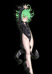 Rule 34 | 1girl, arms up, black background, black dress, blush, breasts, dress, full body, green eyes, green hair, green outline, highres, long sleeves, matching hair/eyes, mersoleil03, no panties, one-punch man, outline, popped collar, short hair, side slit, simple background, small breasts, solo, standing, tatsumaki