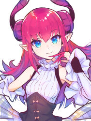 Rule 34 | 1girl, blue eyes, breasts, collar, corset, curled horns, detached sleeves, dragon horns, elizabeth bathory (fate), elizabeth bathory (second ascension) (fate), fate/grand order, fate (series), finger cots, frilled collar, frills, highres, horns, long hair, looking at viewer, pink hair, plaid, plaid skirt, pointy ears, simple background, sketch, skirt, small breasts, smile, solo, upper body, white background, yako noir (kei-ne)