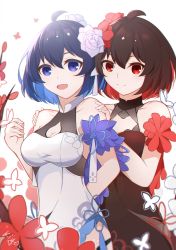 Rule 34 | 2girls, antenna hair, bare shoulders, blue butterfly, blue eyes, blue hair, breasts, brown hair, bug, butterfly, cleavage, closed mouth, dress, dual persona, flower, hair between eyes, hair flower, hair ornament, honkai (series), honkai impact 3rd, bug, looking at viewer, medium breasts, multicolored hair, multiple girls, open mouth, qingxiao kiyokiyo, red butterfly, red dress, red eyes, red flower, red hair, seele (alter ego), seele vollerei, seele vollerei (stygian nymph), short hair, simple background, small breasts, smile, white background, white dress, white flower
