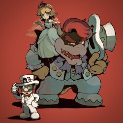Rule 34 | 1girl, 2boys, aqua eyes, armlet, blonde hair, bowser, bowser (tuxedo), bracelet, bridal veil, bride, brown hair, buttons, cappy (mario), closed mouth, commentary request, dress, earrings, elbow gloves, facial hair, gloves, groom, hand on headwear, hand on own hip, hand up, hat, high ponytail, holding, holding clothes, holding hat, horns, jacket, jewelry, lapels, long hair, long sleeves, looking at viewer, mario, mario (series), mario (tuxedo), multiple boys, mustache, nintendo, open clothes, open jacket, open mouth, pants, ponytail, princess peach, princess peach (wedding), red background, red eyes, red hair, rinabee (rinabele0120), sharp teeth, shoes, short hair, simple background, sitting, sitting on shoulder, smile, sphere earrings, spiked armlet, spiked bracelet, spikes, standing, strapless, strapless dress, super mario odyssey, teeth, tiara, tiara (mario), top hat, unworn hat, unworn headwear, upper teeth only, veil, vest, wedding dress, white dress, white footwear, white gloves, white headwear, white jacket, white pants, white vest