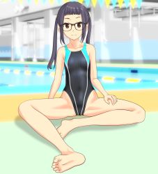Rule 34 | 1girl, absurdres, barefoot, black-framed eyewear, black hair, black one-piece swimsuit, blunt bangs, blurry, brown eyes, competition swimsuit, depth of field, flat chest, glasses, hand on own thigh, highres, long hair, one-piece swimsuit, oogaki chiaki, outdoors, pool, poolside, sitting, solo, spread legs, string of flags, striped clothes, striped one-piece swimsuit, swimsuit, takafumi, translation request, twintails, vertical-striped clothes, vertical-striped one-piece swimsuit, yurucamp